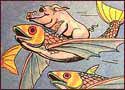 pig riding a flying fish