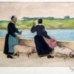 Dezaunay, Emile Alfred - Jeunes Bretonnes et leurs cochons en laisse près de la rivière [Young Breton and their pigs on a leash near the river]