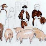 Paulet, Marguerite - Croquis au marché Quimperlé, hommes et cochons [Sketch of Quimperlé market, men and pigs]