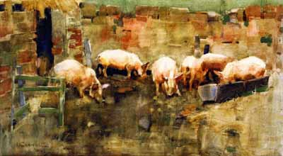 Joseph Crawhall - Pigs at a trough