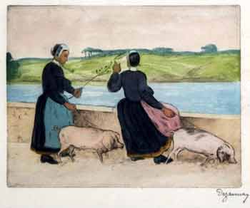 Emile Alfred Dezaunay - Jeunes Bretonnes et leurs cochons en laisse près de la rivière