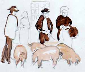 Marguerite Paulet - Croquis au marché Quimperlé, hommes et cochons