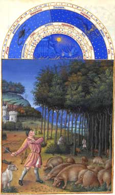 Très Riches Heures du Duc de Berry - November, peasants feeding the hogs