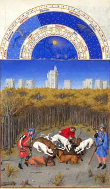 Très Riches Heures du Duc de Berry - December, wild boar hunt in the forests near Château de Vincennes