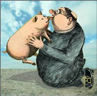 Priest kissing a pig